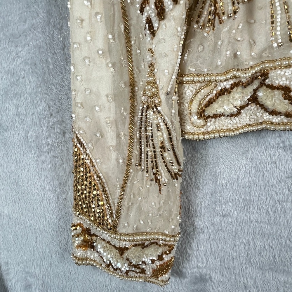 Vintage Niteline Della Roufogali Womens M Silk Beaded Tassel Evening Jacket Gold - Picture 14 of 16